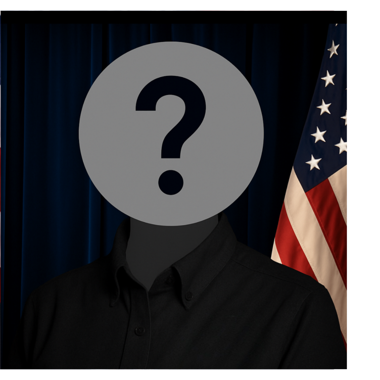 Professional portrait of a person, wearing dark colored attire, against a blue backdrop and American flag.